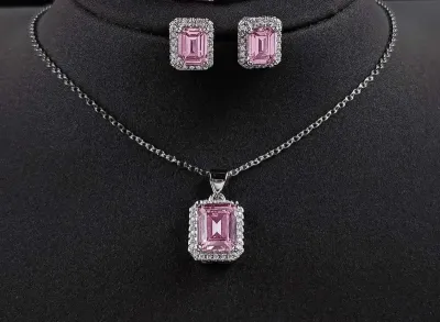 Pink Cubic Zirconia Square Pendant Necklace Set